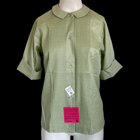 Vintage 60’s NWT Lady Manhattan Pintuck Pleat Front Button Up Shirt Sage M-L - Picture 3 of 8